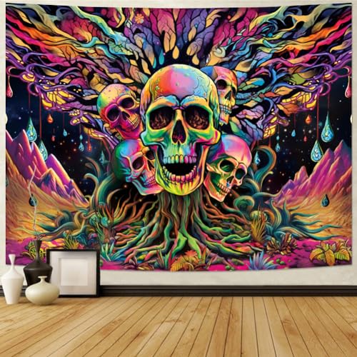 Racunbula Blacklight Trippy Skull Tapestry Uv Reactive Neon Skeleton Tapestry Black Light Posters Mountain Landscape Wall Tapestry Hippie Fantasy Tree Tapestry Wall Hanging For Bedroom thumb #3