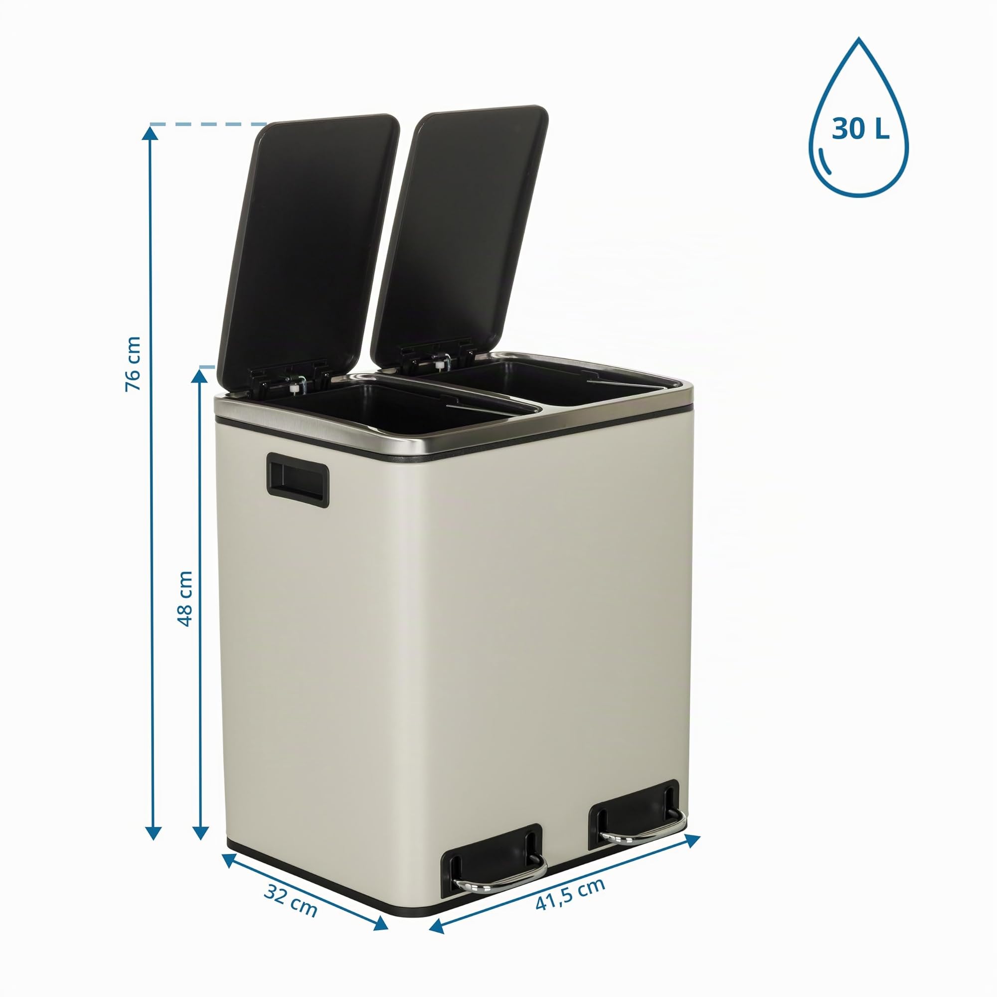 hjh OFFICE Cubo de basura 2x15L CLEAN IX Sistema de separación de residuos con 2 compartimentos, cubo de basura de pedal con cierre suave, metal beige