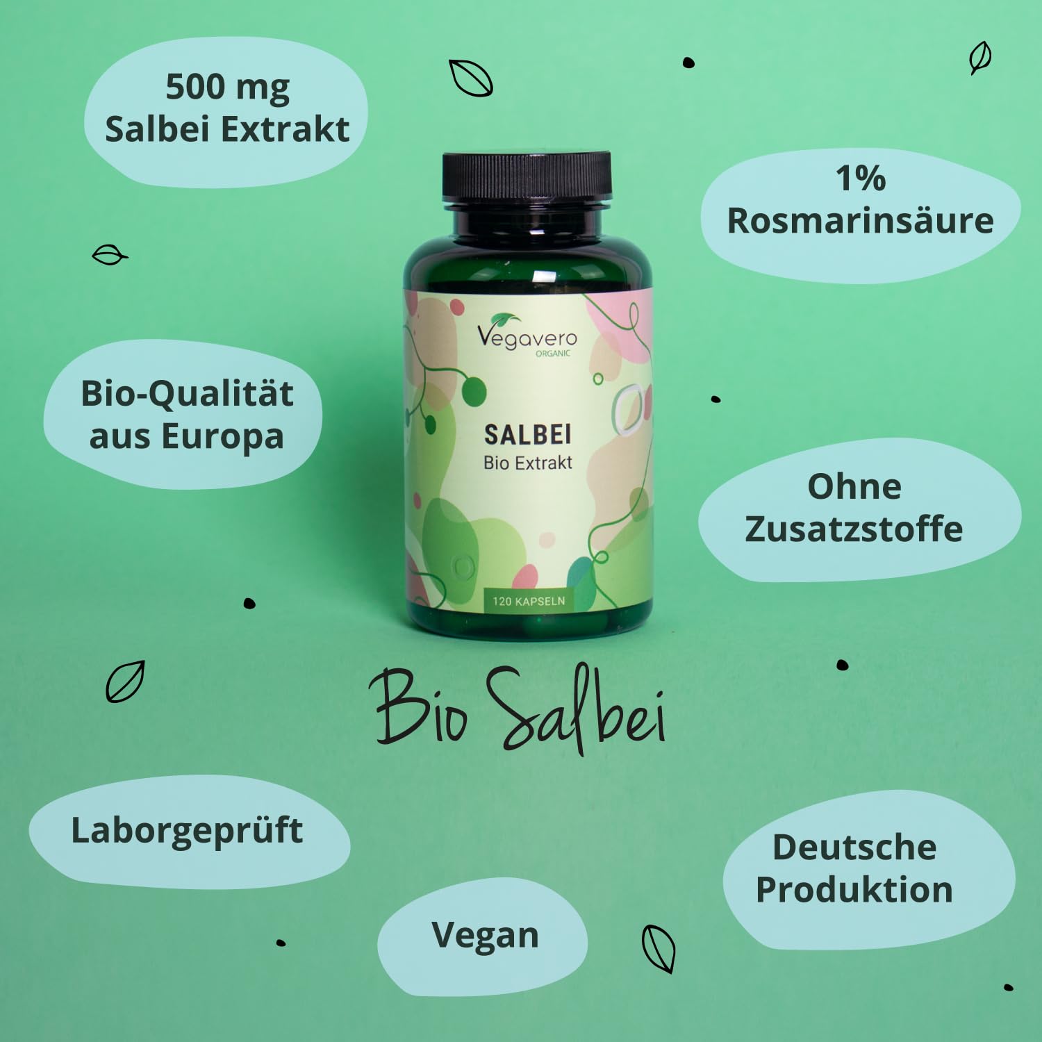 Bio Salbei Kapseln Vegavero | Mit 1% Rosmarinsäure | 500mg Extrakt pro Einheit | aus Frankreich | Starkes Schwitzen | Hitzewallungen Wechseljahre | 120 Stück | Vegan