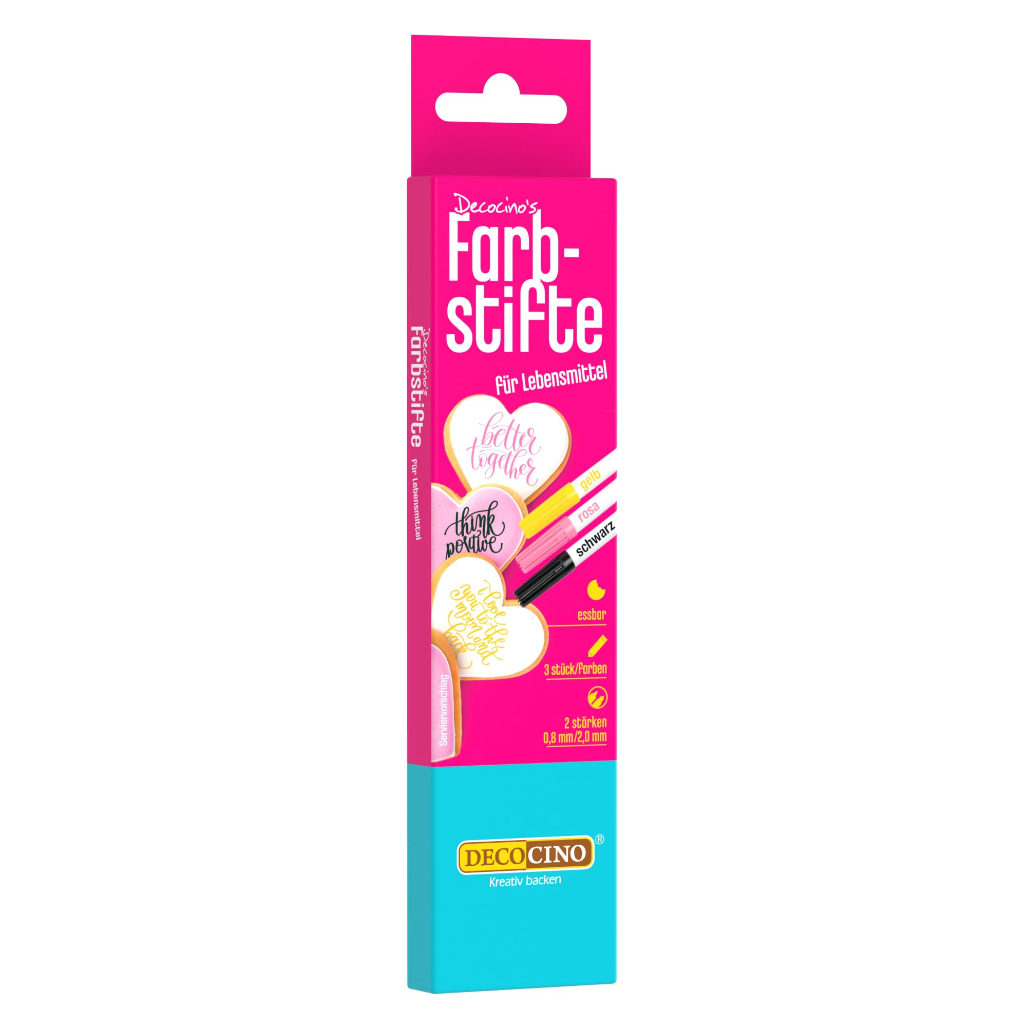 DECOCINO Lebensmittel-Farbstifte –3er Set – essbare Filzstifte mit Lebensmittel-Farbe – zum Verzieren von Kuchen, Torten uvm. – glutenfrei & laktosefrei