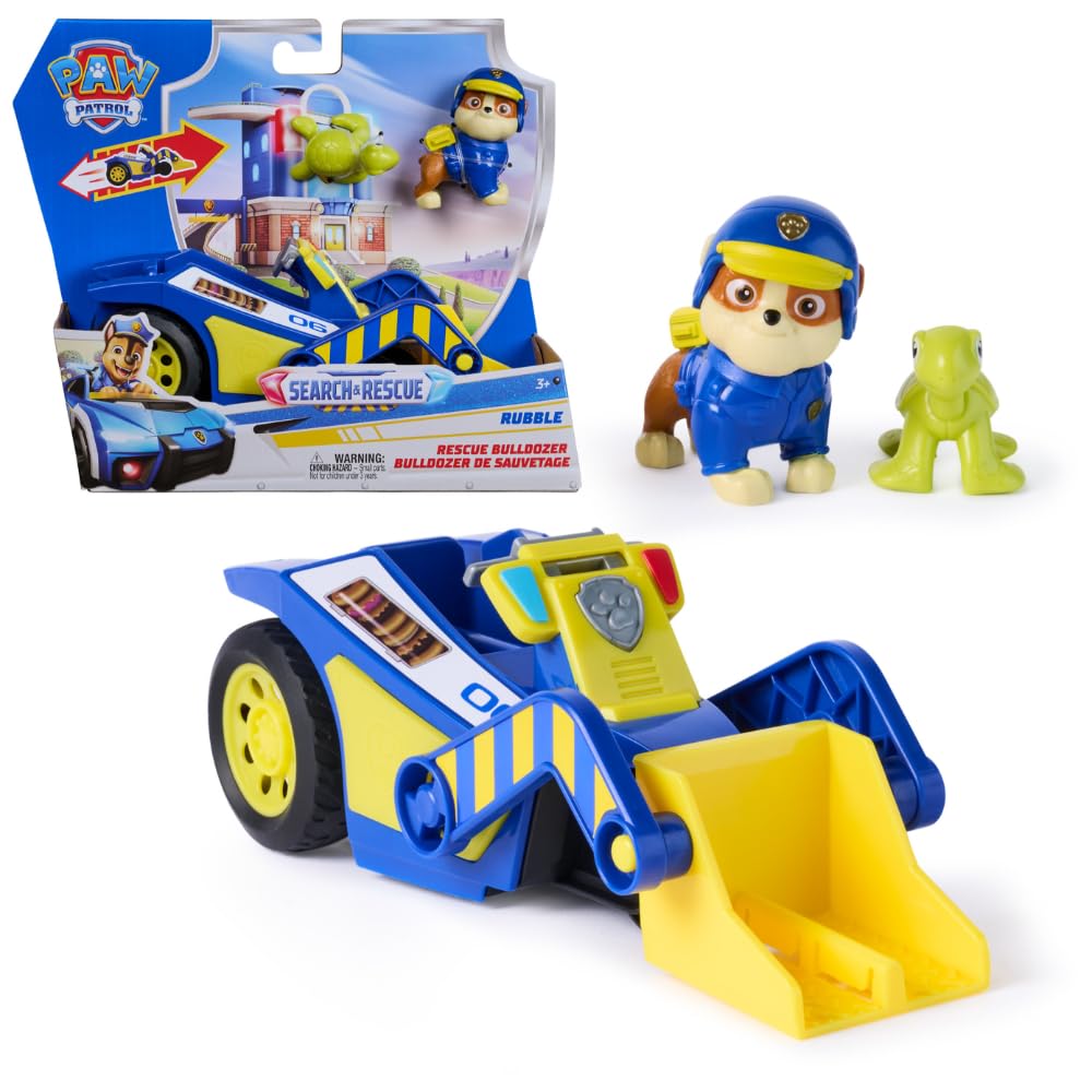 PAW PATROL - Search & Rescue: Rubbles Rettungs-Bulldozer, Fahrzeug mit Rückziehmotor, ca. 15 cm, inkl. Hunde-Figur und Schildkröte, detailgetreues Design zur Serie, Spielzeug ab 3 Jahren
