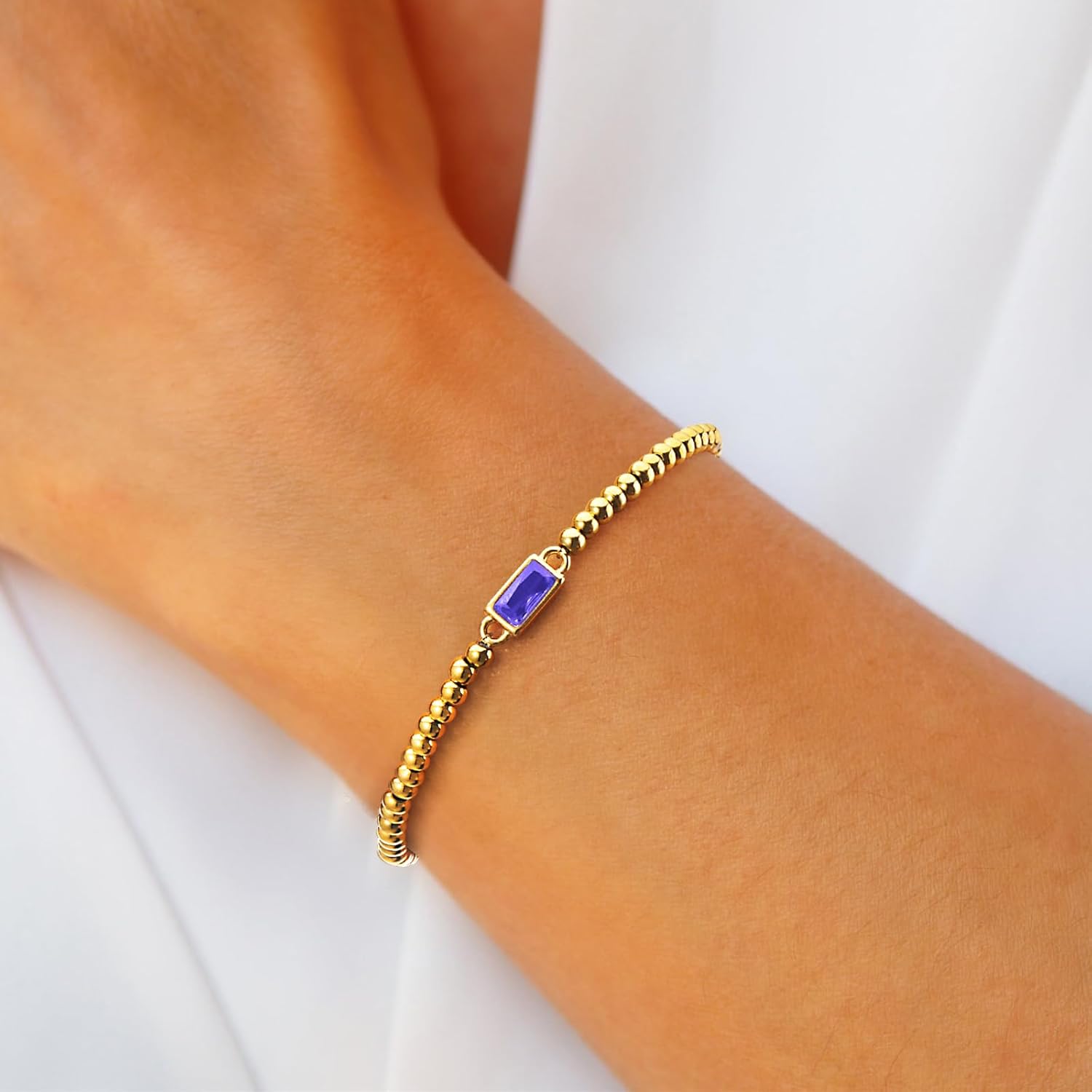 14K Gold Plated Birthstone Bracelet for Women & Teen Girls, Stackable Dainty Jewelry, Non-Tarnish Blue sapphire Green Emerald, Trendy Friendship Bracelet Gift for Mom, Best Friend - Image 2