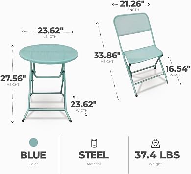 Four Seasons Courtyard Padova Foldable 3 Piece Powder Coated Steel Mesh Outdoor Patio Bistro Dining Set, Includes 1 Table and 2 Chairs, Blue