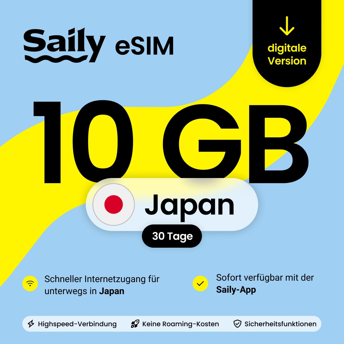 Saily  eSIM Datenpaket für Japan  10GB/30 Tage  Sicherheitsfunktionen  Digitaler Code │ Japan