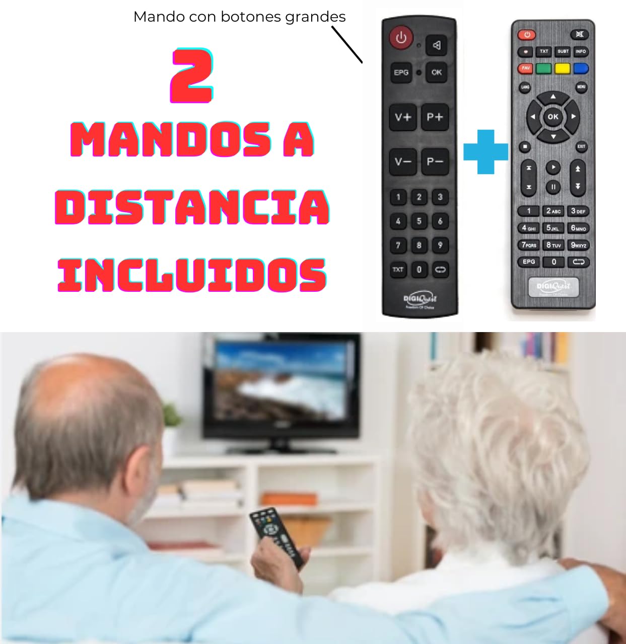Receptor TDT HD DVB-T2 Digiquest G23 HEVC H.265 10bit Full HD FTA, Sintonizador TDT HD, DVB-T2, USB, HDMI, SCART, Ethernet LAN RJ-45, Mando a distancia adicional para personas mayores, Negro, Plástico