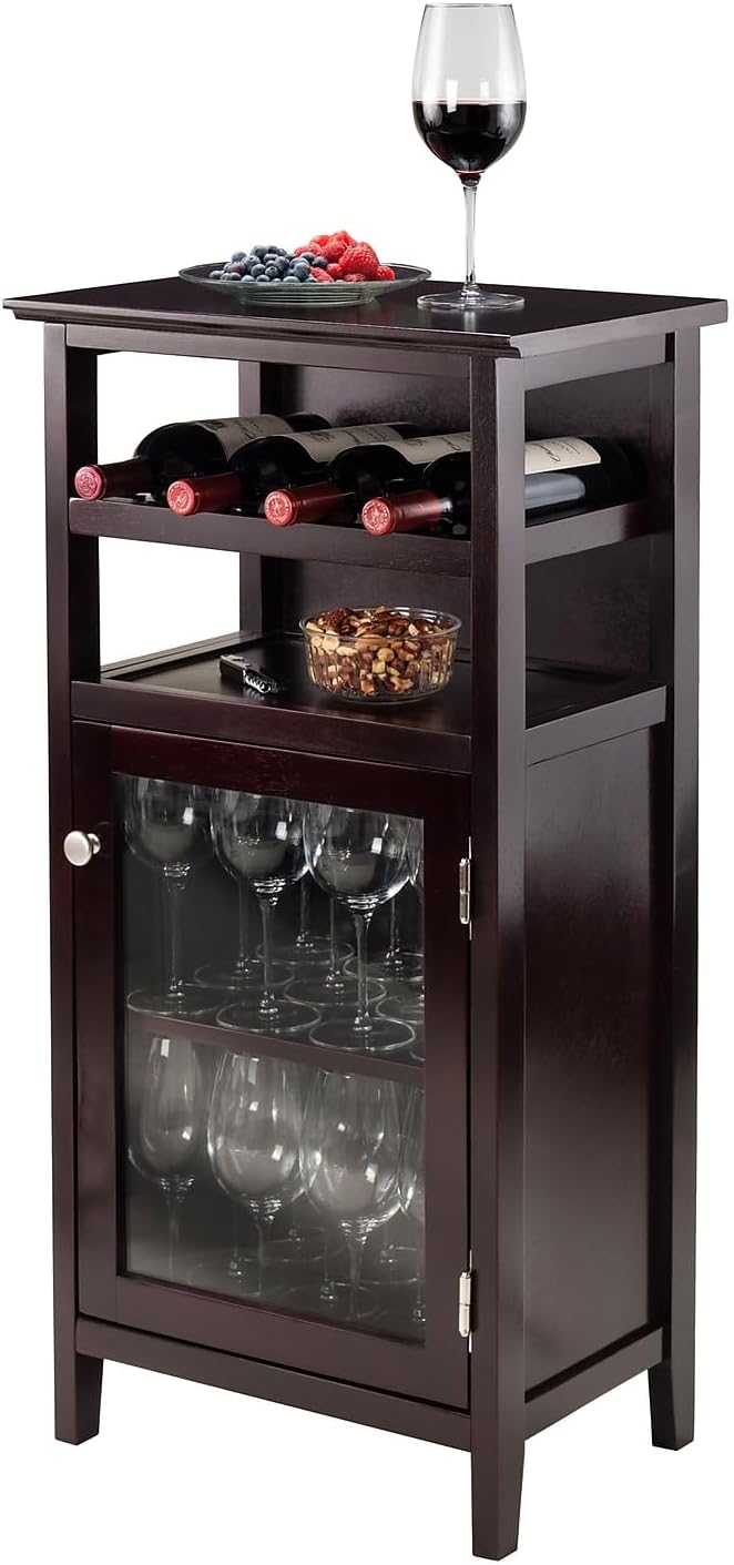 Espresso Transitional 19'' Wine Cabinet with Glass Door & Metal Pulls