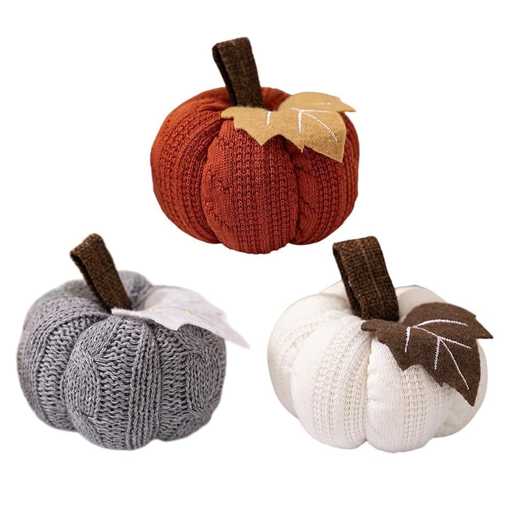 Fiorky Grey+White Crochet Pumpkins Decoration Handmade Harvest Crochet Pumpkin Fabric Decorative Pumpkin For Farmhouse Mantel Decor