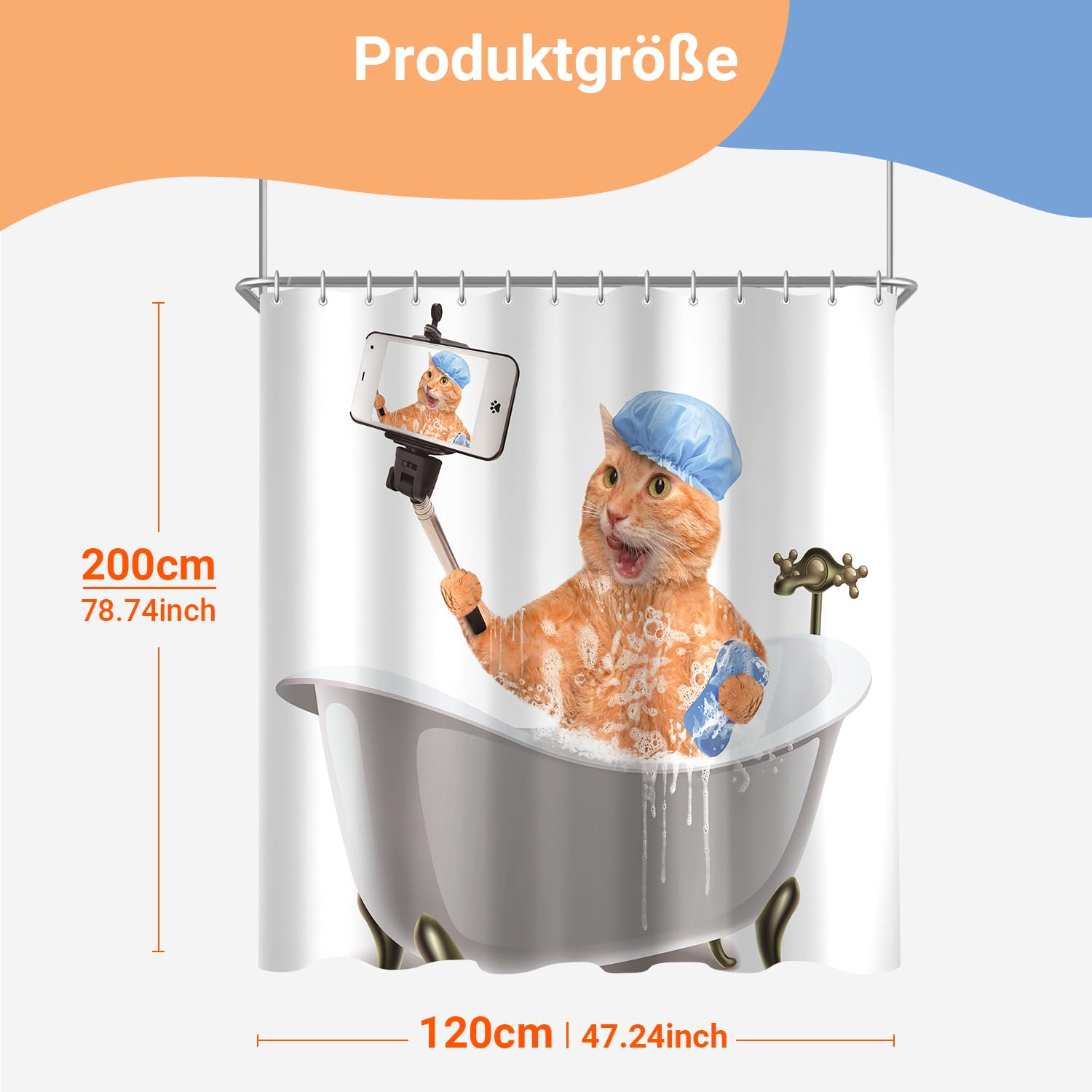 Lerores Shower Curtain, 120 x 200 cm, Cat Selfies, Weighted Hem, Anti-Mould, Water-Repellent - Image 2