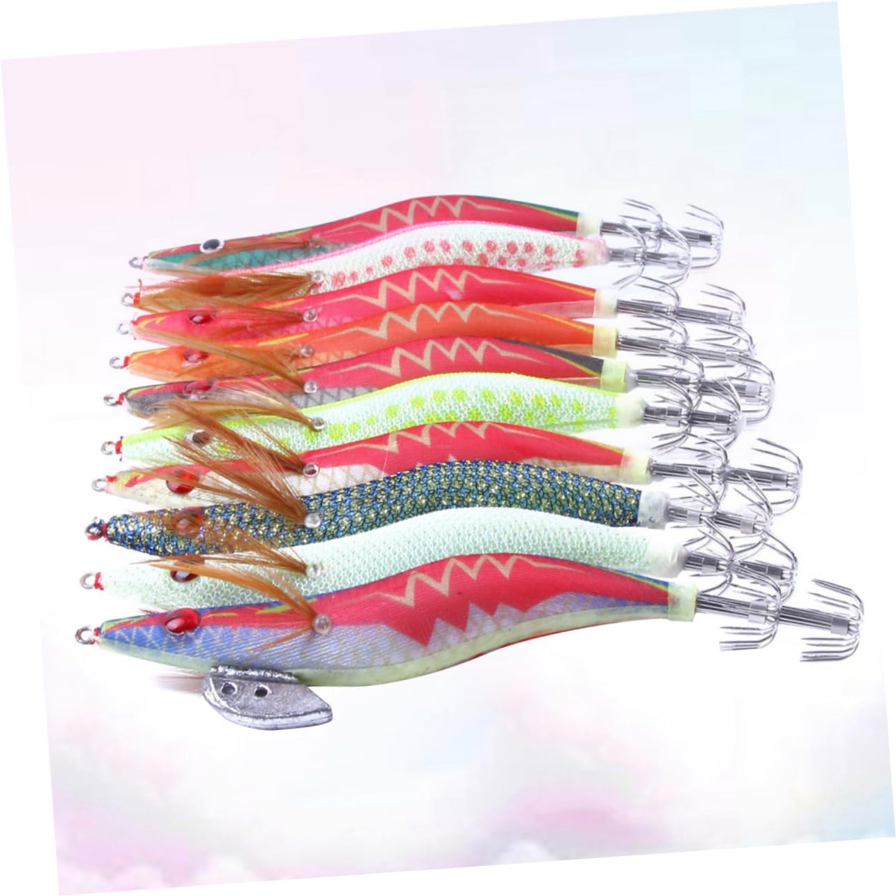 HANABASS Esca da Pesca Squid Fishing Hook Fosforescente, 10 Pezzi | Colore Verde Chiaro, Plastica, Circa 14x3x2 Cm, per Acqua Dolci e Salate