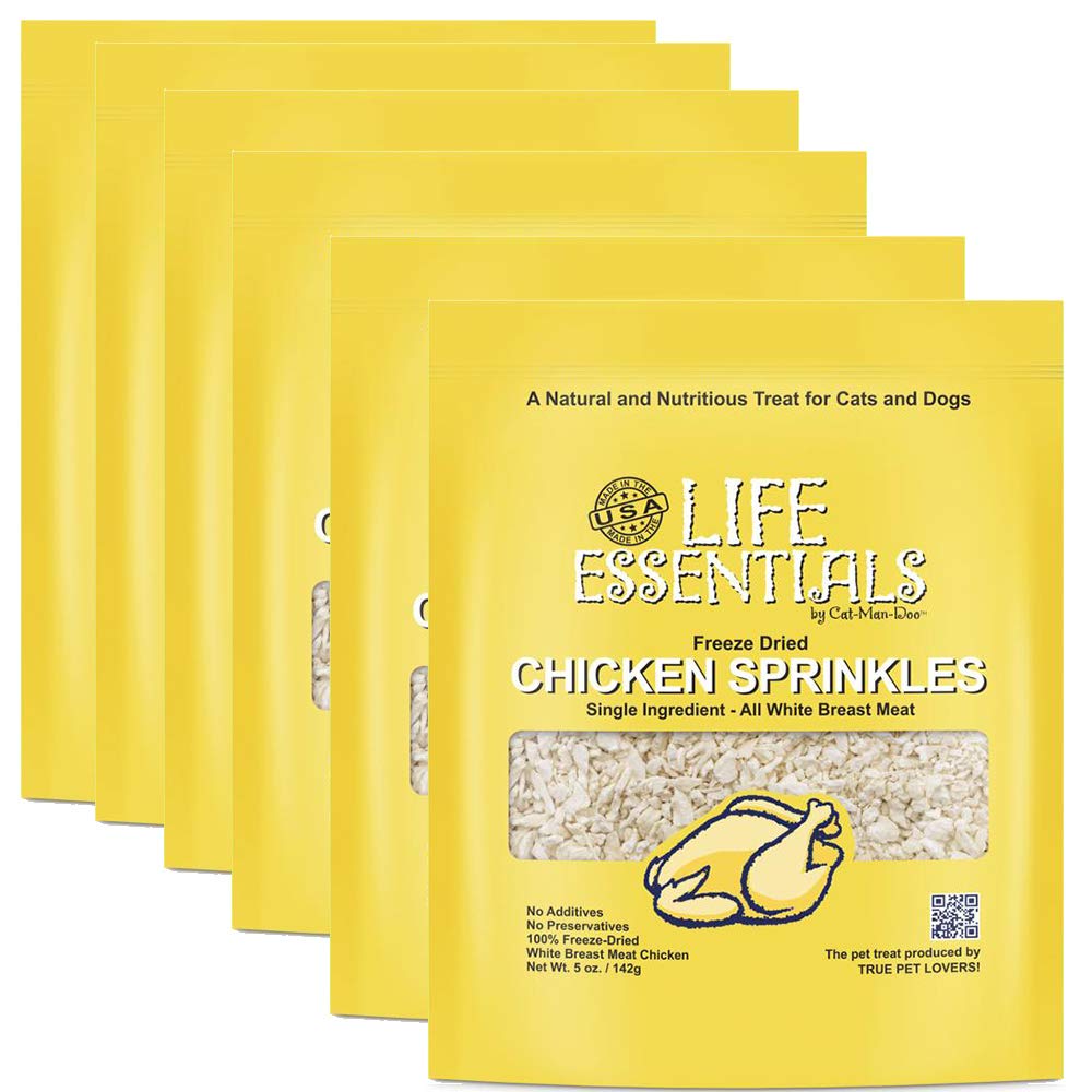 LIFE ESSENTIALS BY CAT-MAN-DOO All Natural Freeze Dried Chicken Crushed Sprinkles Powder for Dogs & Cats No Preservatives, or Additives - No Grain Tasty Treat -Made in USA (6 Pack of 5oz Bags)