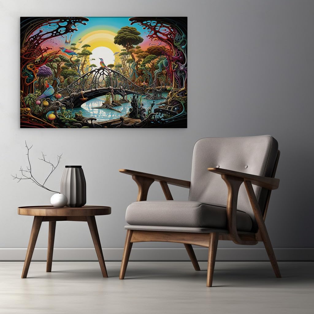 Canvas for Living room. Whimsical Bridge in a Surreal Forest: Crossing into a Fantasy Dreamscape, 27 x 18 inch Canvas Wall Art - Watercolor Painting - Modern Home Decor