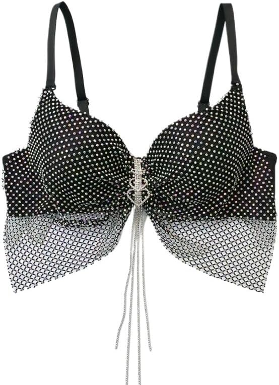 Sexy Lingerie Fishnet Diamond Stage Bra Fantasy Bra Heart Rhinestone Pendant Tassel Sling for Women(34b)