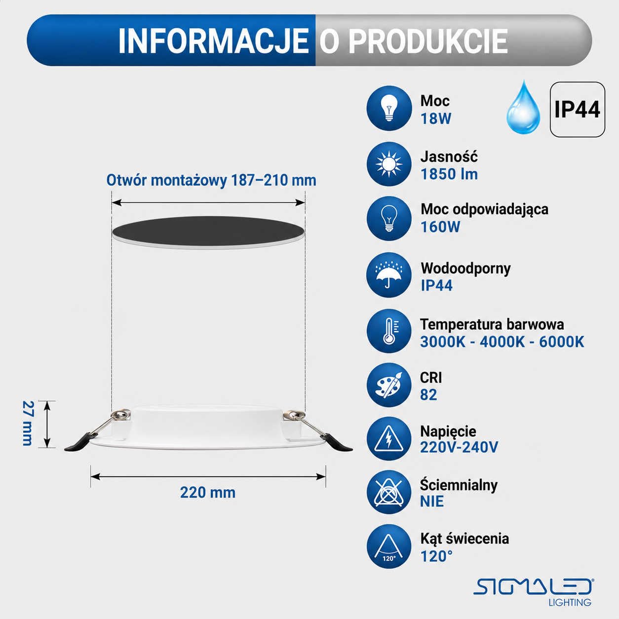 Sigmaled Lighting 6x Oprawa LED wpuszczana 18W 1850lm, IP44 do wnętrz i na zewnątrz pod zadaszeniem, 3000K 4000K 6000K, ultra cienka do karton-gipsu, otwór Ø187-210 mm, 220-230V