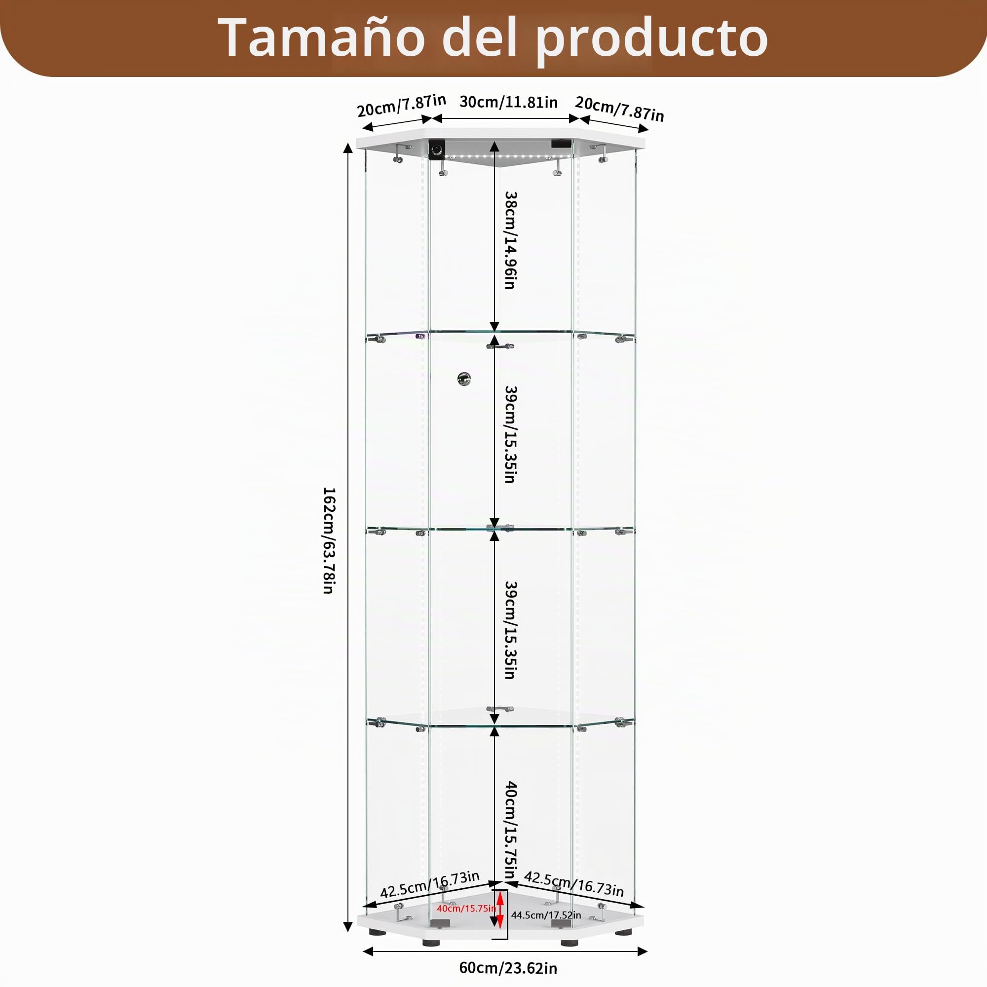 Vitrina de cristal LED, 4 capas, armario de esquina, 162 x 40 x 60 cm, vitrina para colección con puerta y cerradura, para salón y comedor, blanco