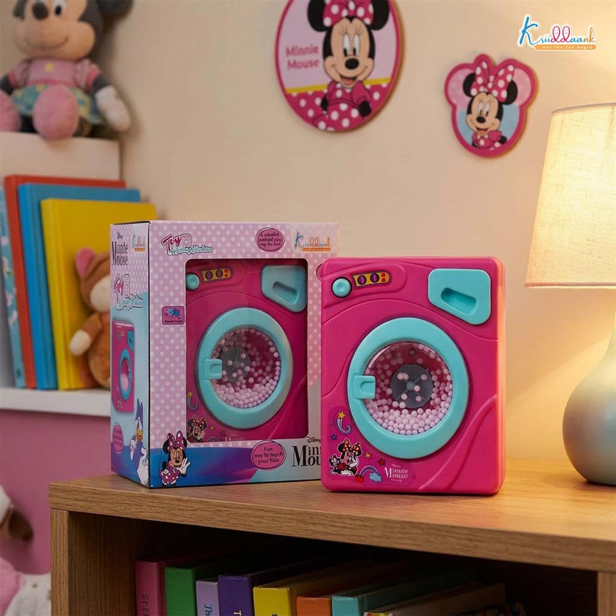Kriiddaank Minnie Theme Interactive Family Washing Machine Toy for Toddlers - Pink Mini Laundry Appliance with Light & Sounds, Educational Pretend Play|Birthday Gift for Kids Aged 3+ Years