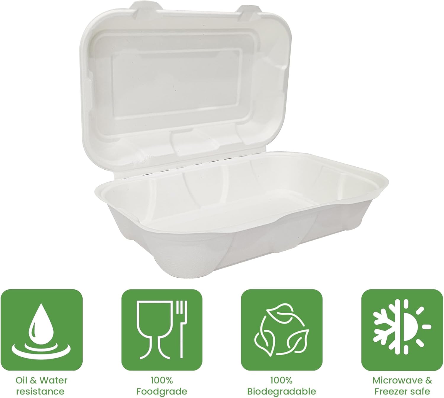9 x 6 Biodegradable Clamshell Containers [100 Pack] – Eco-Friendly Compostable Take-Out Boxes | Heavy-Duty Sugarcane Fiber | Microwave & Freezer Safe | Ideal for Burgers, Snacks, Salads & Meals.