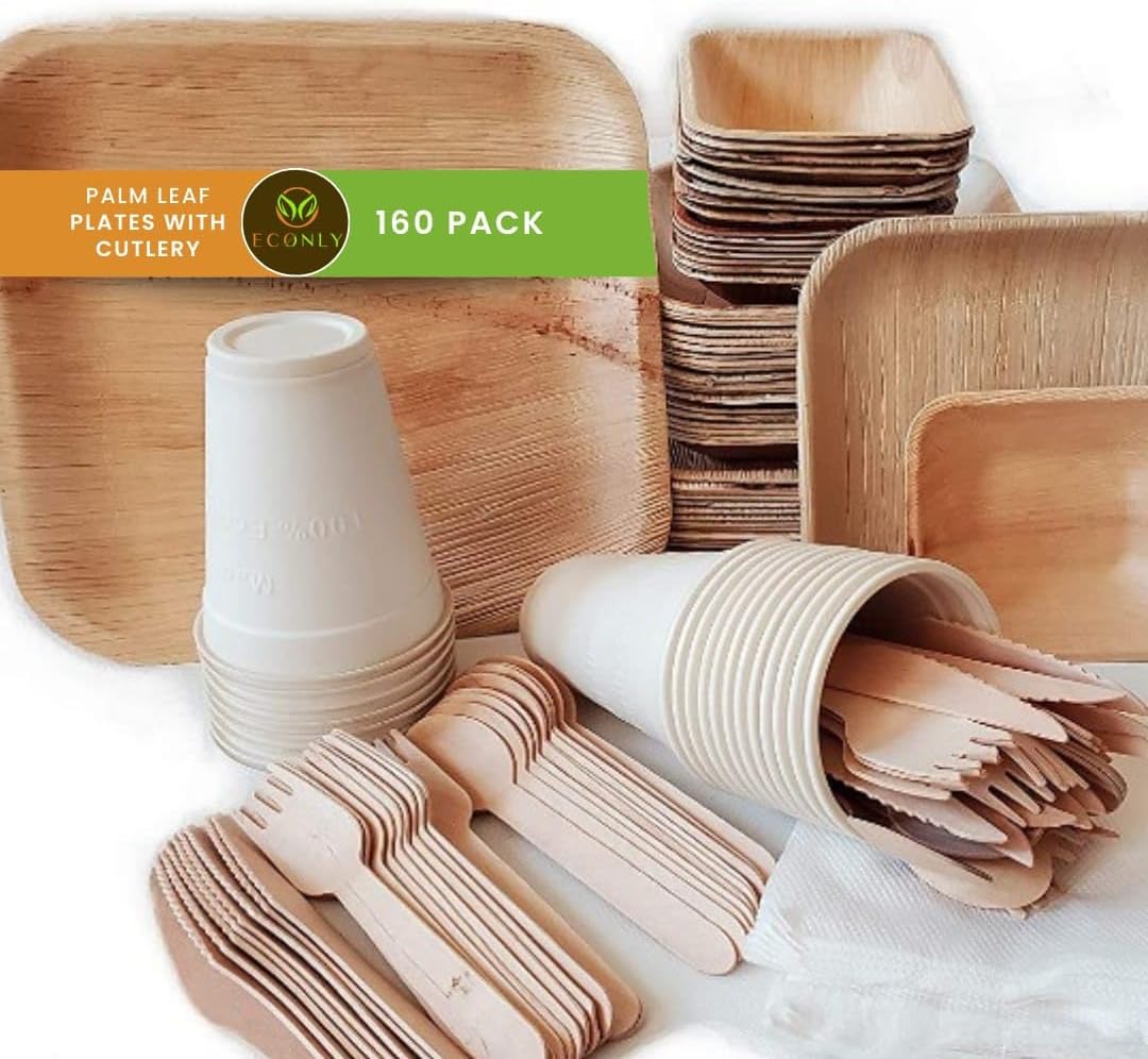 RESTYLIFE 300pcs Compostable Paper Plates Set HeavyDuty