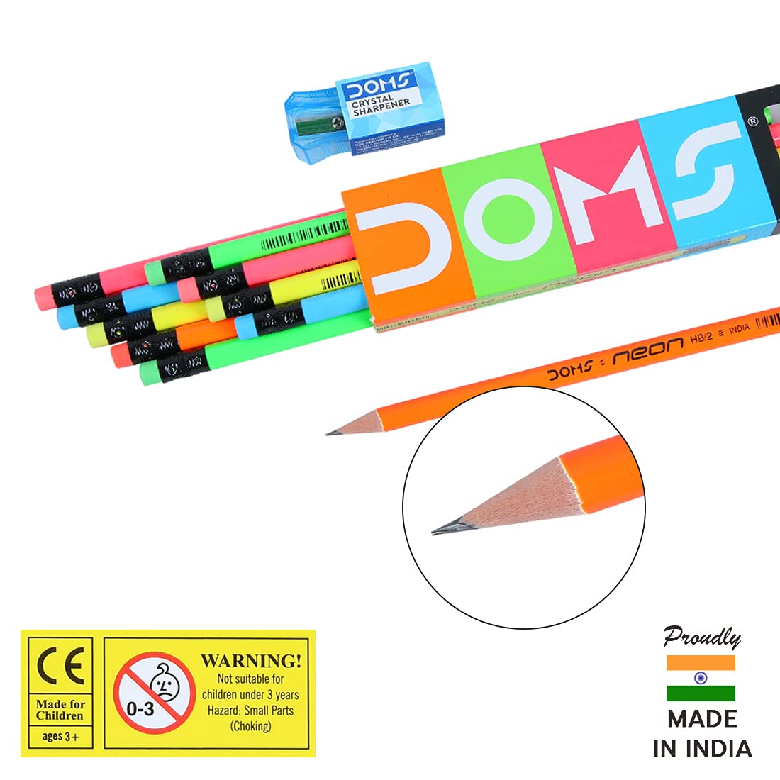 Doms Neon Rubber Tipped HB/2 Graphite Pencils Box Pack | Non-Toxic | Free Sharpner Inside The Box | Easy & Smooth Sharpening | Pack Of 50 Pencils - Image 5 thumbnail