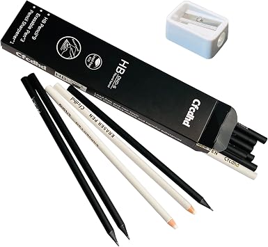 12Pack Set, 9 PreSharpened AllBlack #2 HB Wood Pencils, 3 Eraser Pens & 1 Premium Pencil Sharpener