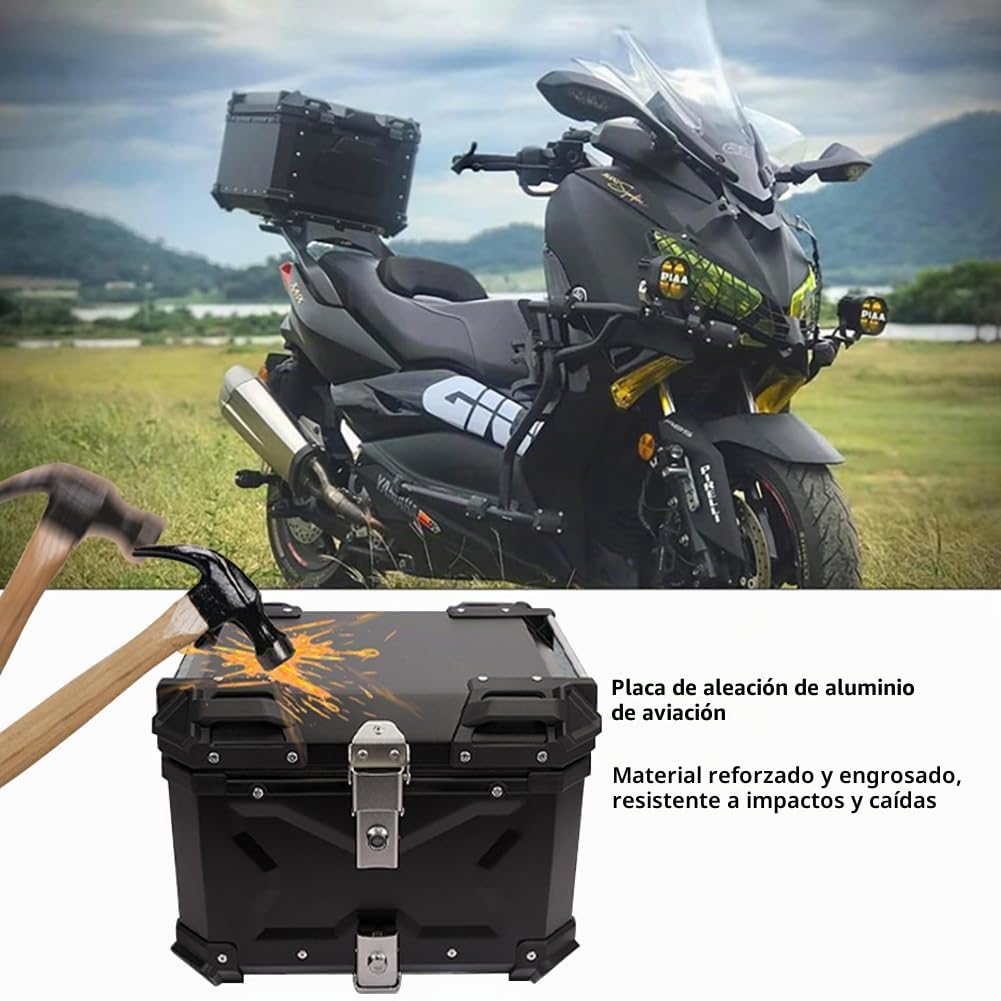 Baul Moto Aluminio Impermeable, Maletero Moto Universal con Cerradura de Seguridad, para Almacenamiento de Equipaje y Casco (Silver, 45L)