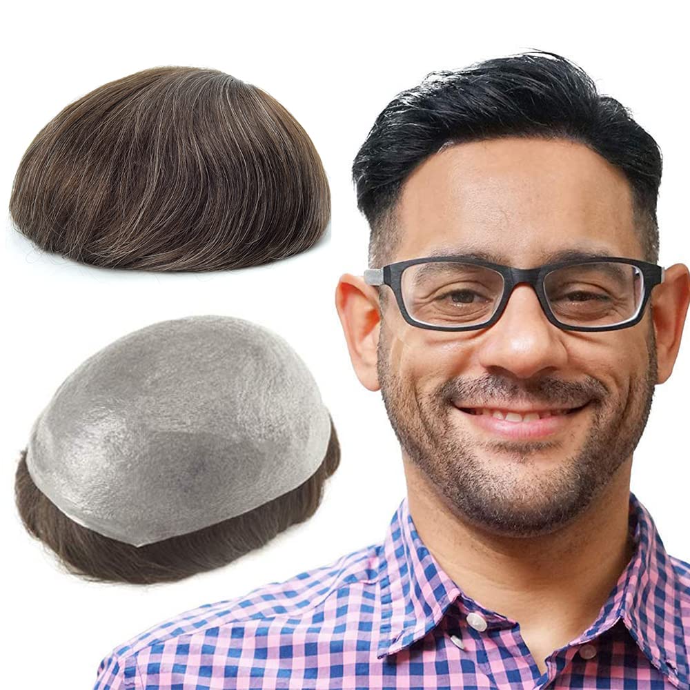Lordhair Hair System for Men with Human Hair 8x10 inch Hairpiece for Men 0.06mm Super Thin Skin Mens Hair system All V-looped Mens Toupee Dark Light Brown Mixed 20% gray hair #320
