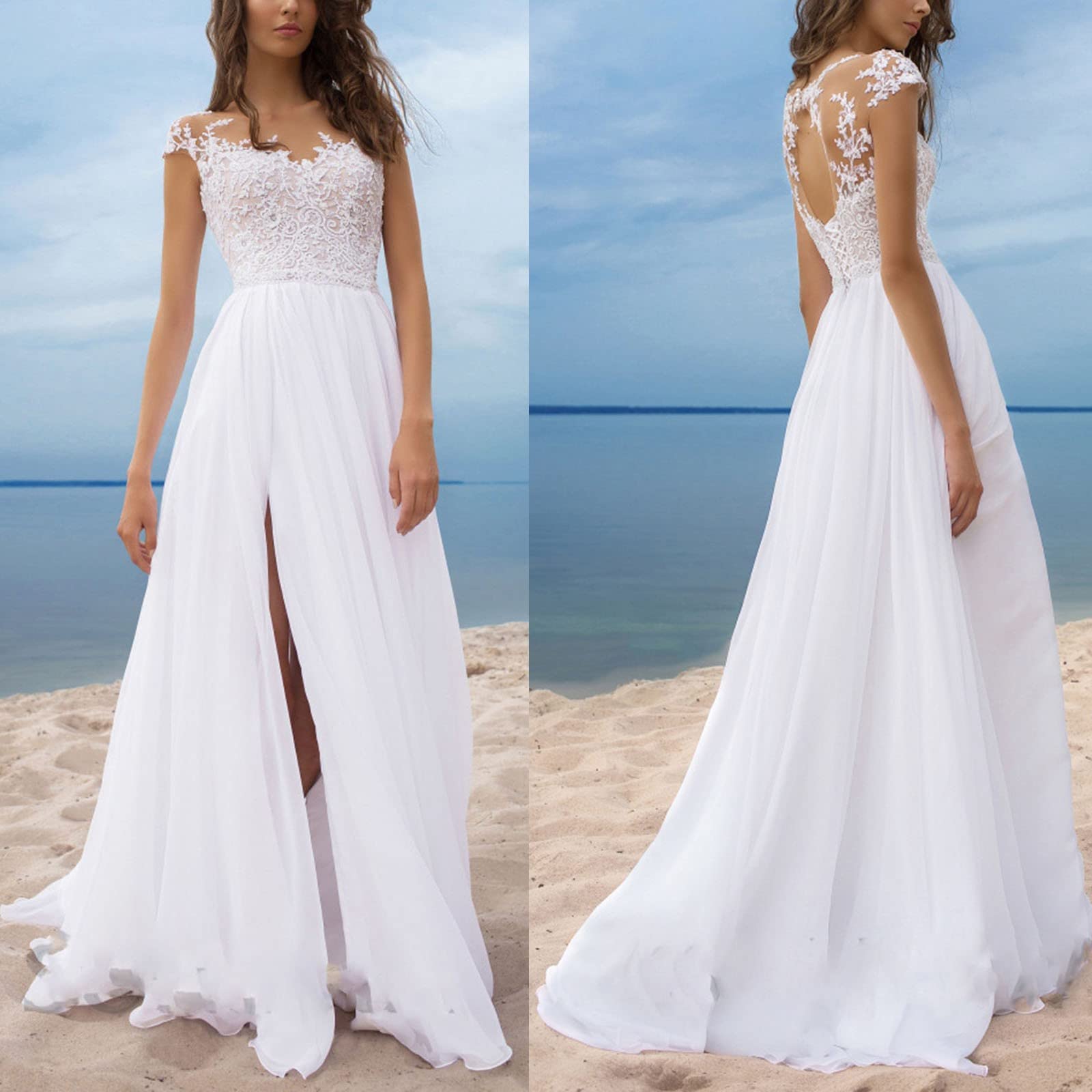 Robe de Mariée en Mousseline de Soie et Dentelle - Longue, Vintage, Bohème, Élégante Avec Fente