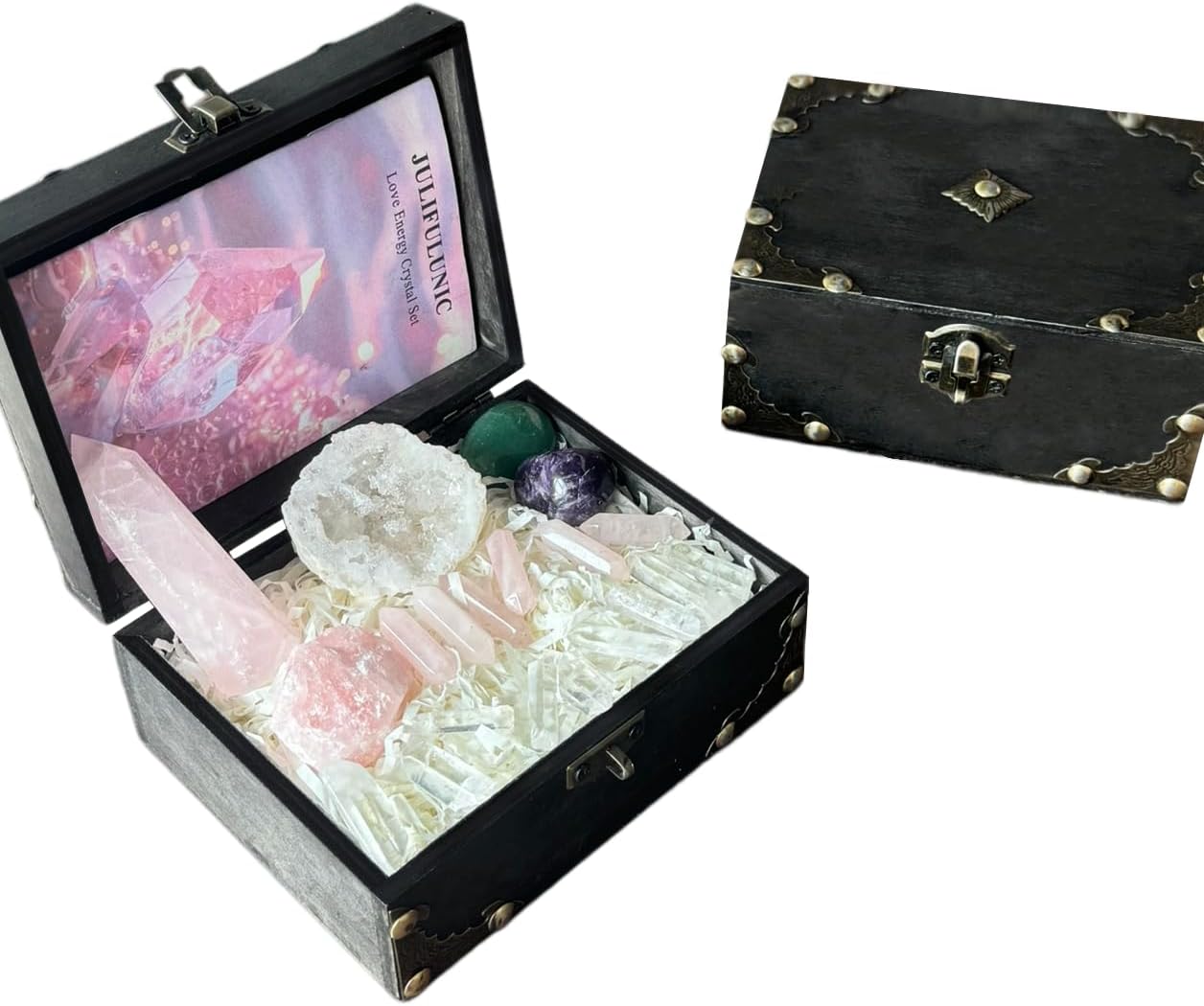 Juniful Unic Love Energy Crystal Set 19PCS Raw Healing Crystals Kit in Wooden Box for Meditation & Manifestation Rose Quartz Point for Self Love Amethyst Green Aventurine Gift for Women