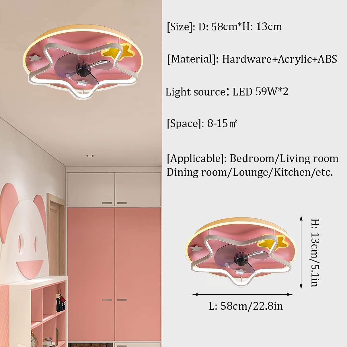 YUEGOO Ceiling Fans with Lamps,Led Kids Ceiling Fan with Light and Remote Control Silent 3 Speeds Bedroom Dimmable Fan Ceiling Light with Timer Ultra-Thin Modern Living Room/Pink