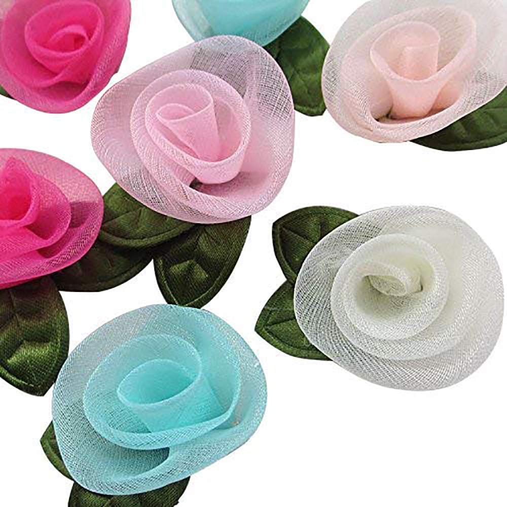 Assorted 30pcs Organza Ribbon Flowers Bows Rose W/Green Leaf Appliques Craft Mix