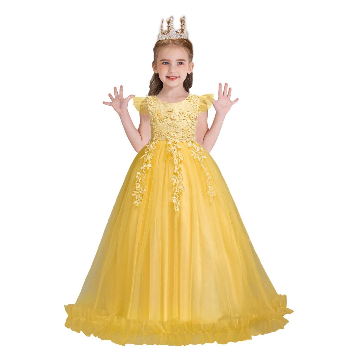 WOCINL Flower Girls Lace Appliques Wedding Dress Princess First Communion Long Tulle Birthday Pageant Party Dance Ball Gown Yellow 9-10 Years
