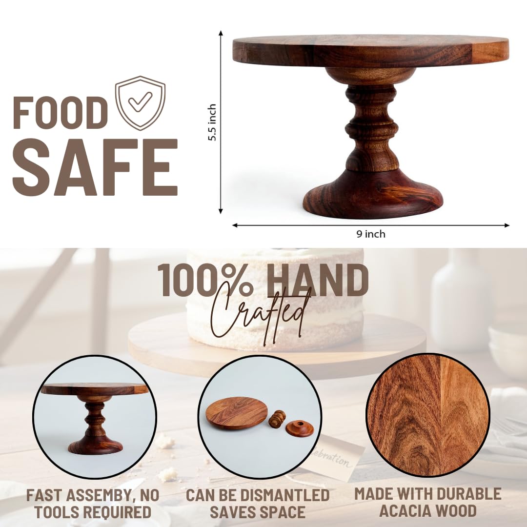SAAGA Round Birch Wooden Cake Stand | 9 x 5.5 Inch Dessert & Pizza Serving Platter | Premium Tabletop Display Stand β Brown 1