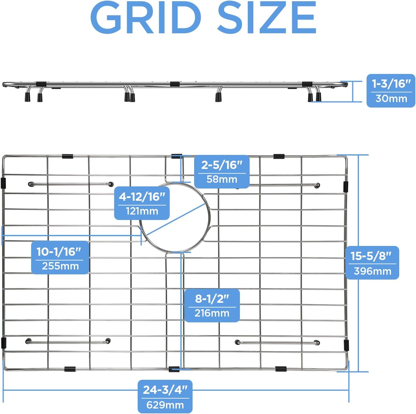 sanycasa stainless steel kitchen sink grid – 24-3/4” x 15-5/8” sink protector for single bowl sinks – rear drain with corner radius 3/8", durable sink grate & drying rack for glassware 24-5/8” x 15-1/2”