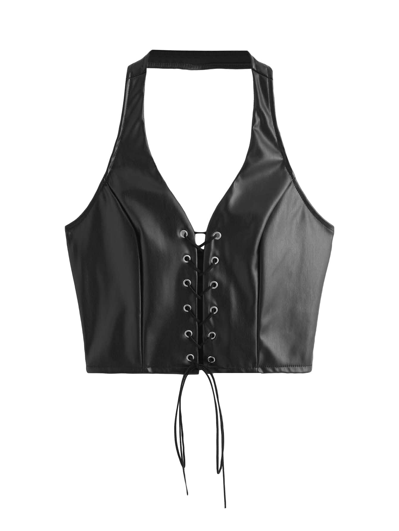 SweatyRocks Women's Faux Leather Crop Tank Top Lace Up Tie Front Halter Tops