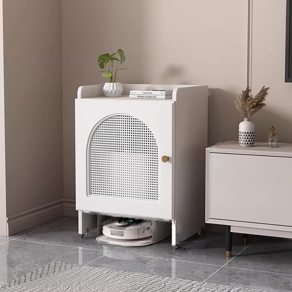 HPTHLY Modern White Robot Vacuum Storage Cabinet Charging Stand For Corner Hidden Sweeping Robot Dock Entryway Space Saving Design Stylish Home Accessory