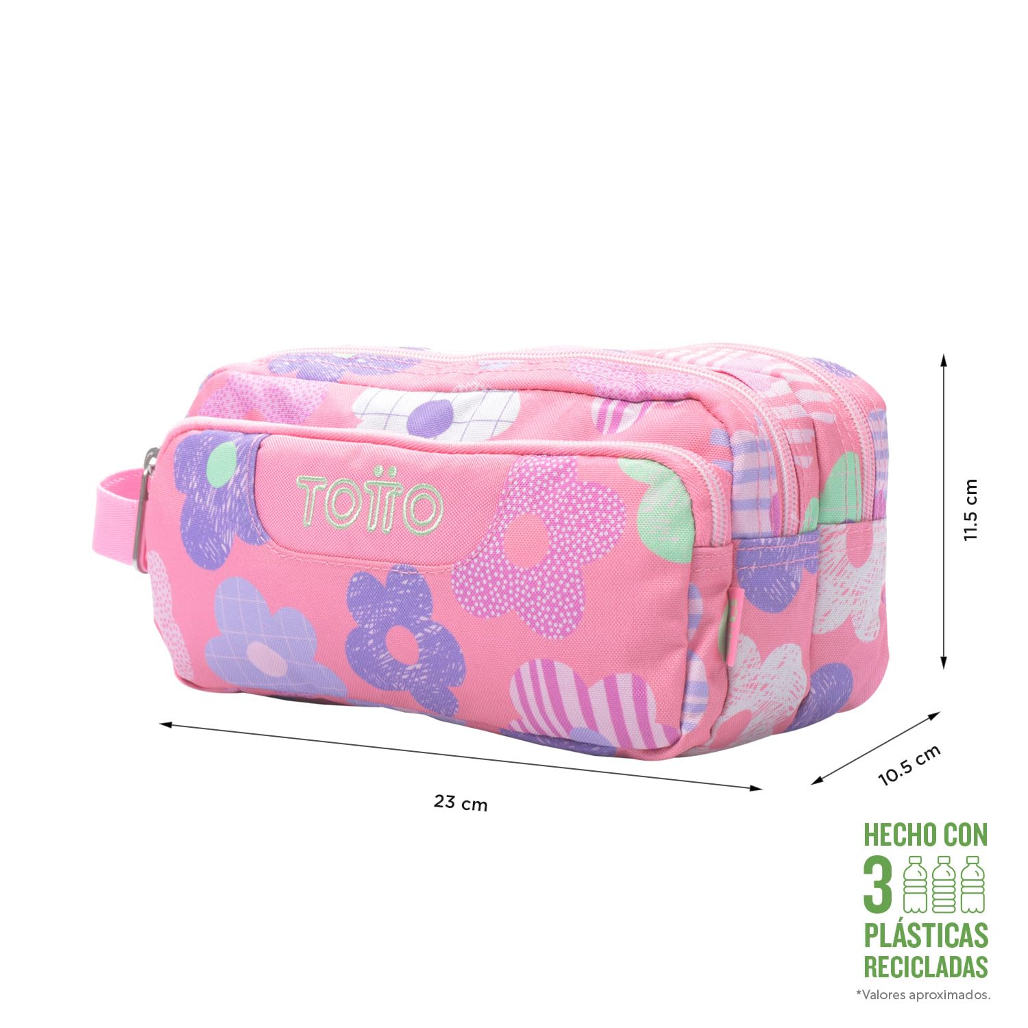TOTTO - Estuche Escolar 3 Compartimentos, Modelo Agapec, Estuche Grande, Dimensiones 23 x 11.5 x 10.5 cm, Asa Lateral, Tiradores Ergonómicos con PVC, Tejido Resistente, Estampado Margaly