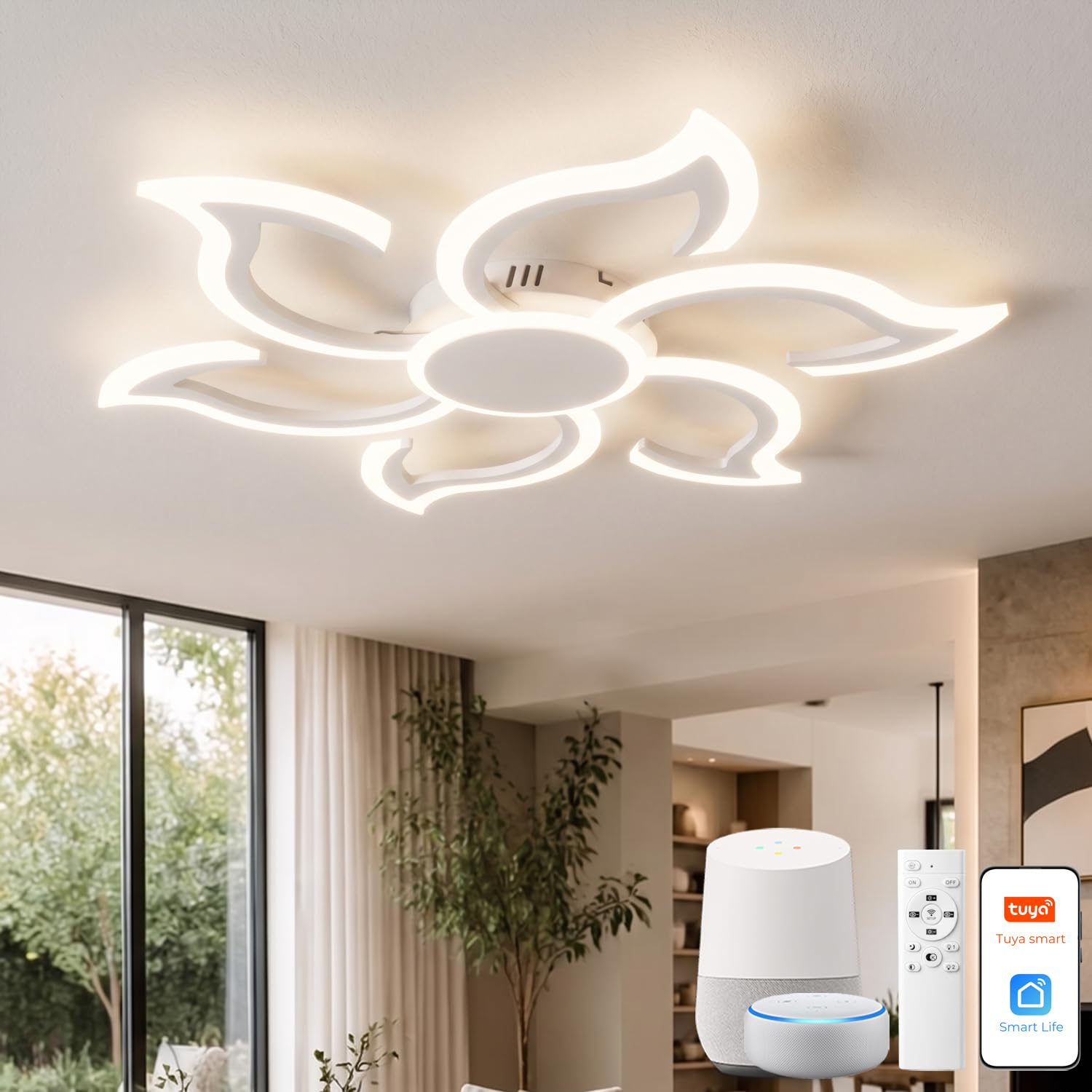 Smart WiFi Lampadario Compatibile con Alexa e Google Home, Ø88cm Plafoniere Led Design Fiore Moderno, Dimmerabile, Funzione Memoria, Ceiling Light per Camera da letto, Soggiorno, Bianco