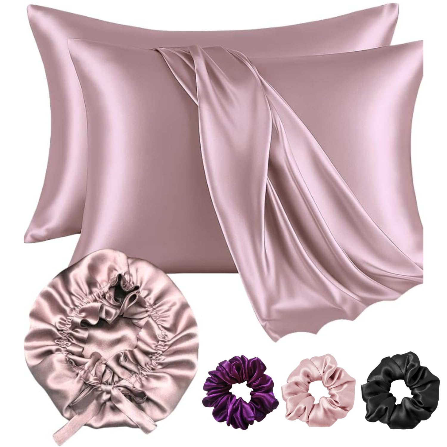 Premium Satin Silk Pillow Covers for Hair and Skin, Pack of 2 Satin Pillow Cover with 3 Satin Scrunchies and Bonnet for Women, Best Gift Combo, Silk Pillow Covers with Envelope Closure (Multicolor)