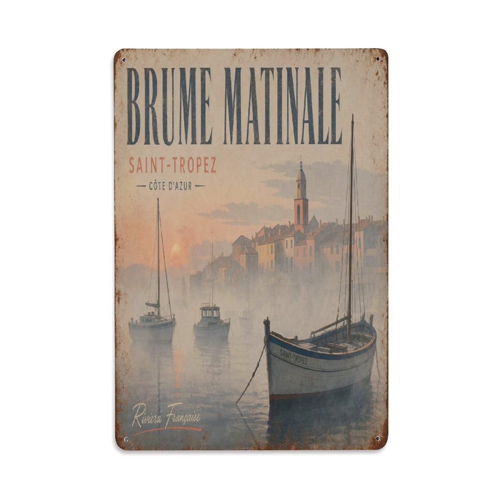 Travel France Harbor Maritime Fishing Village Metal Tin Sign Plaque Wall Decor for Cafe, Man Cave, Club Bar, Office, Home Garden Round Metal Poster 8x12Inch
