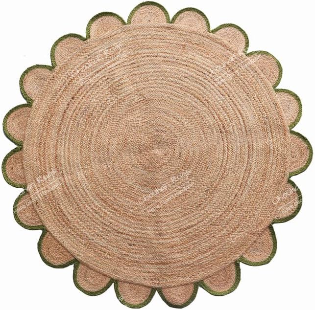 4x4, 5x5, 6x6,feet Natural Jute Scallop Round Rug, Floor Scalloped Edge Rug Braided Boho Eco Large Circular Handmade Area Rugs