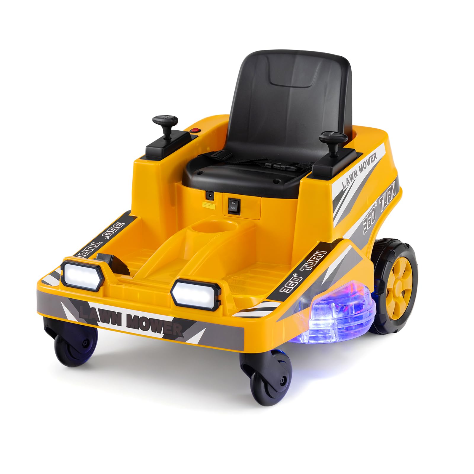COSTWAY 12V Ride on Lawn Mower for Kids, 2 Motors Electric Car with 360° Twist and Turn, Dual Control Sticks, LED Lights, Outdoor Ride on Toy for 3-8 Years Old (Yellow)