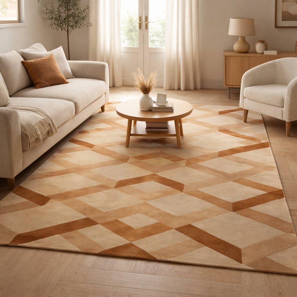6'x10' Modern Hand Tufted Wool Area Rug Orange & Beige Geometric Pattern Carpet, Contemporary Rectangular Floor Rug for Living, Bedroom