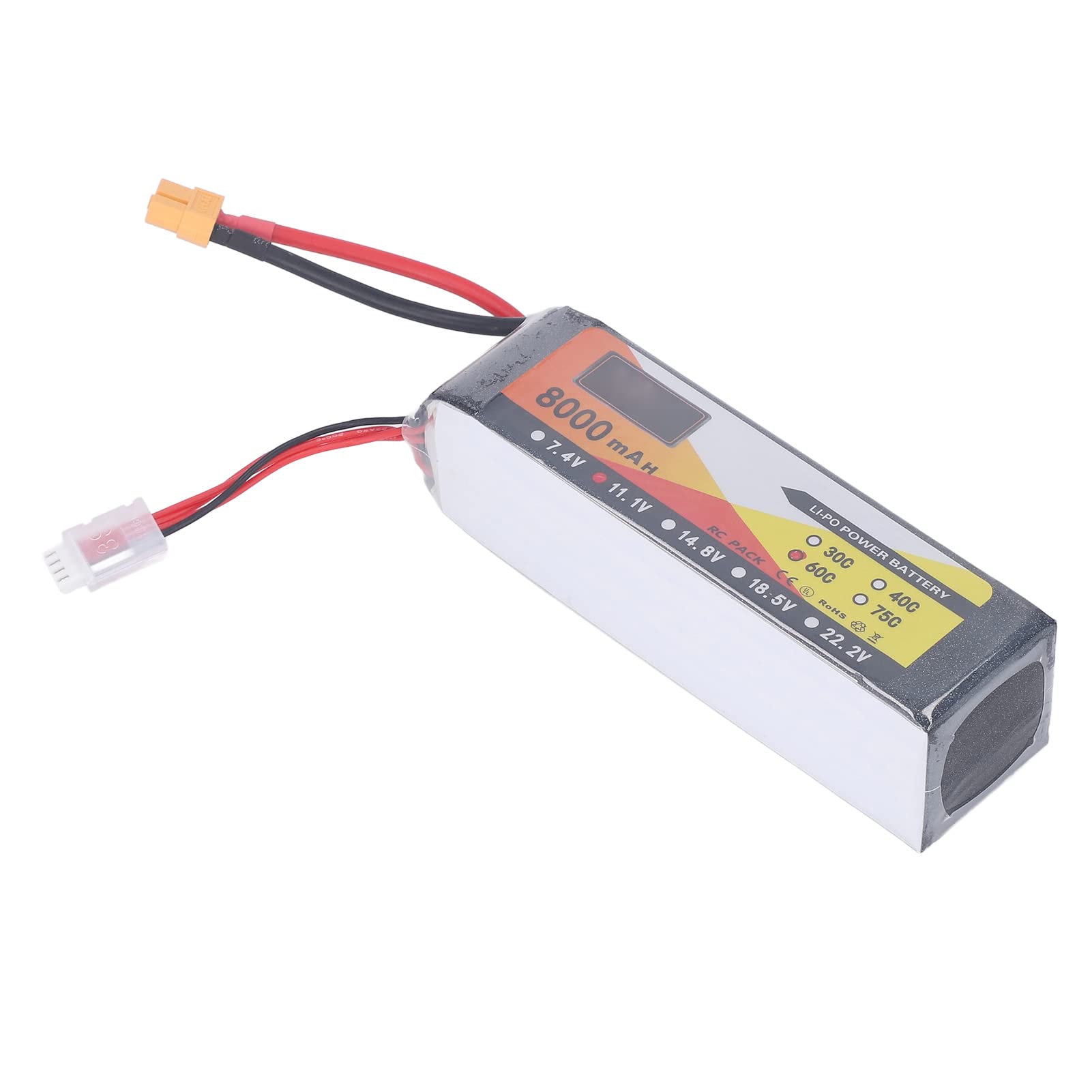 Batteria Lipo da 8000 mAh con tasso di scarica 60C, 11,1 V 3S, connettore XT60, ideale per modellismo di auto e elicotteri radiocomandati.