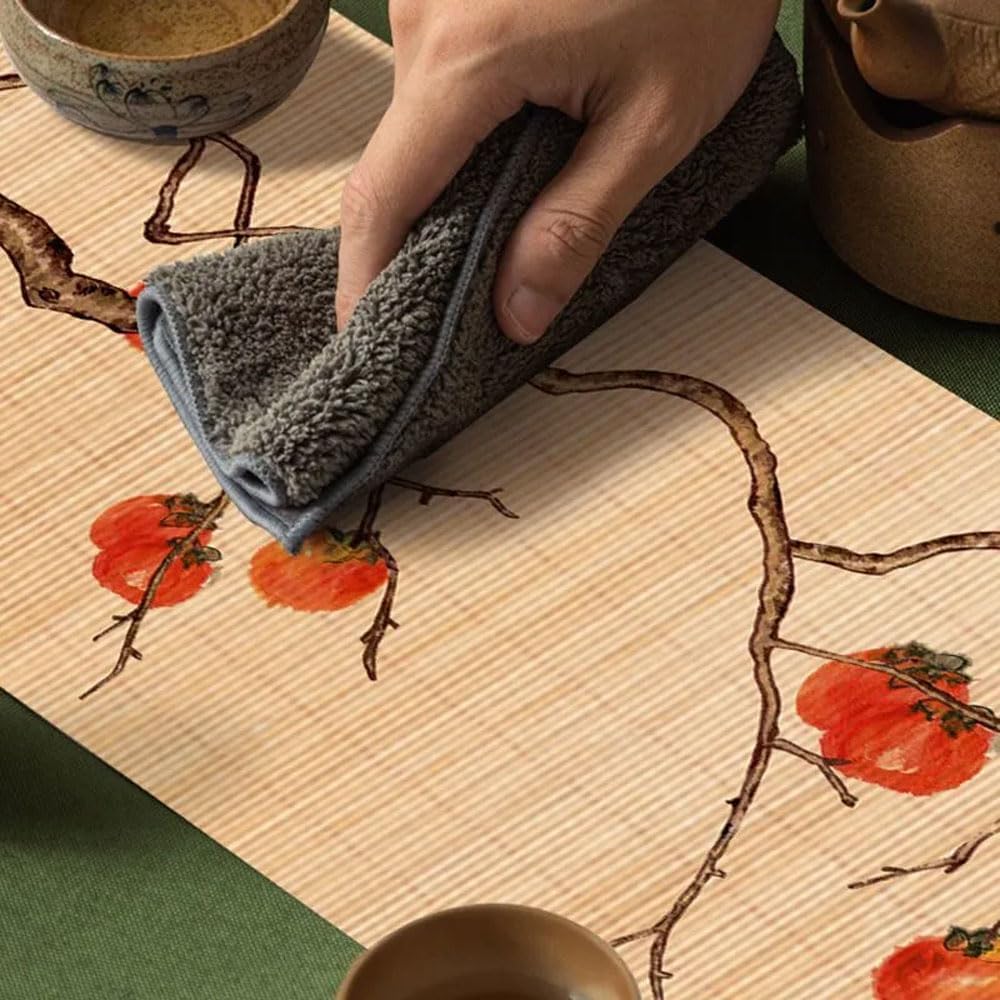 Asian Style Bamboo Table Runner, Ancient Chinese Landscape Flower Paintings Zen Table Mat for Kitchen Dining Bedroom Decoration (Persimmon Everything Goes Well, 12"x72")