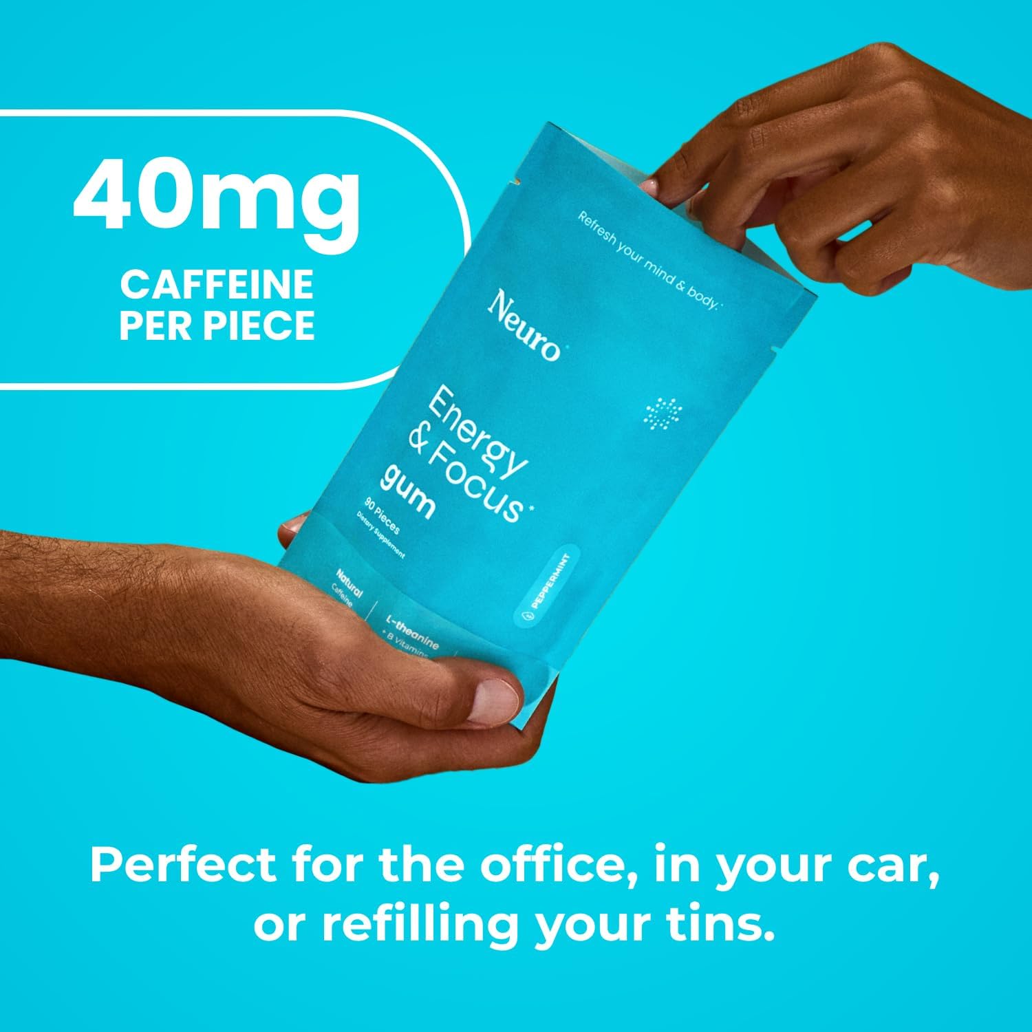 Neuro Energy & Focus Gum - 40mg Natural Caffeine Gum & Nootropic Energy Supplement with L-Theanine & B Vitamins - Sugar Free, Vegan - Peppermint, 90ct - Image 2