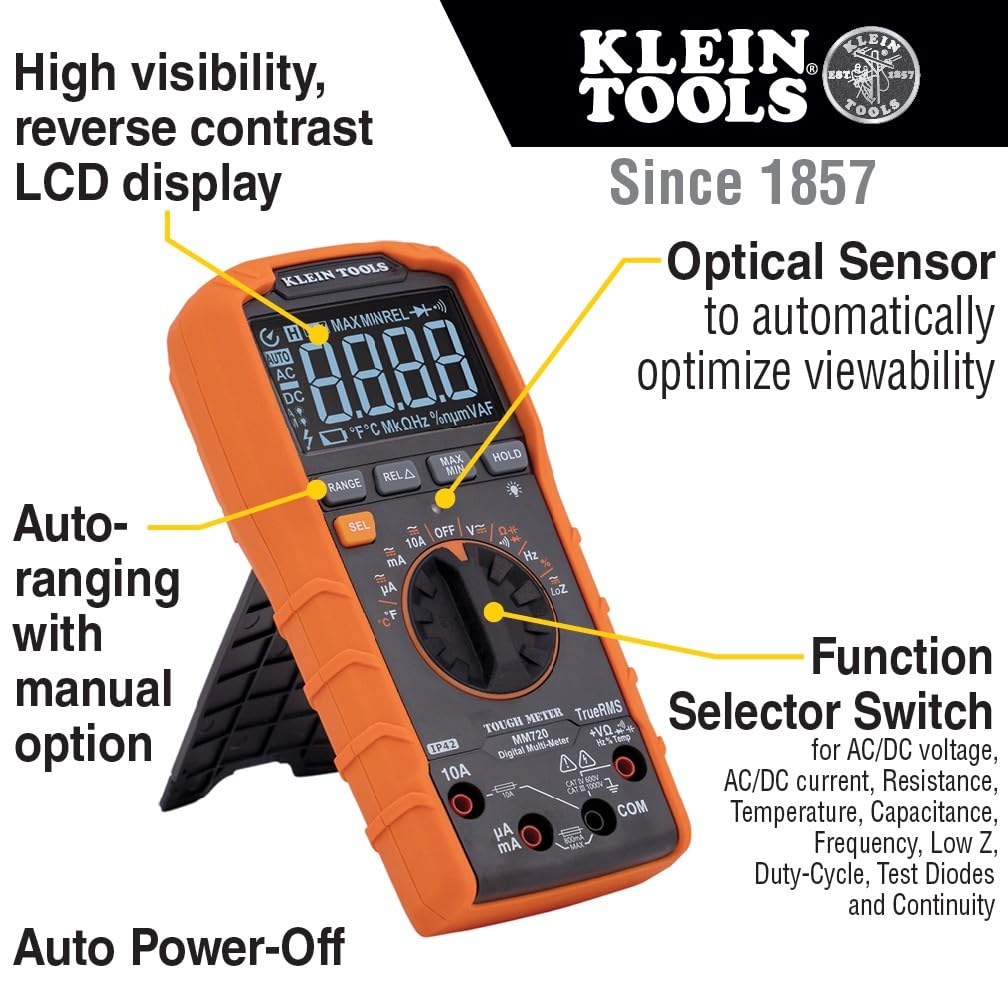 Klein Tools MM720 Digital Multimeter, Auto-Ranging TRMS, Low Impedance (LoZ), 1000V AC/DC Voltage, 10A AC/DC Current, 60 MOhms Resistance — Amazon image 8