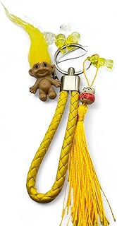 Llavero Retro Amarillo Años 80 con Chinitos de la Suerte para Dinero, Trol de Cabello de Colores y Chupete Nostálgico – Accesorio Vintage para Revivir Momentos Inolvidables