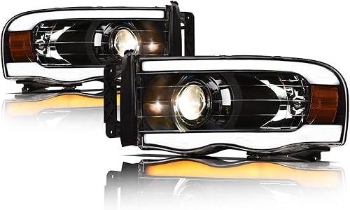 Miniatura 1 de Alpha Owls 8711439 - Faros delanteros de proyector con barra LED secuencial Switchback y luz de arranque, ámbar negro para Dodge Ram 1500/2003-2005
