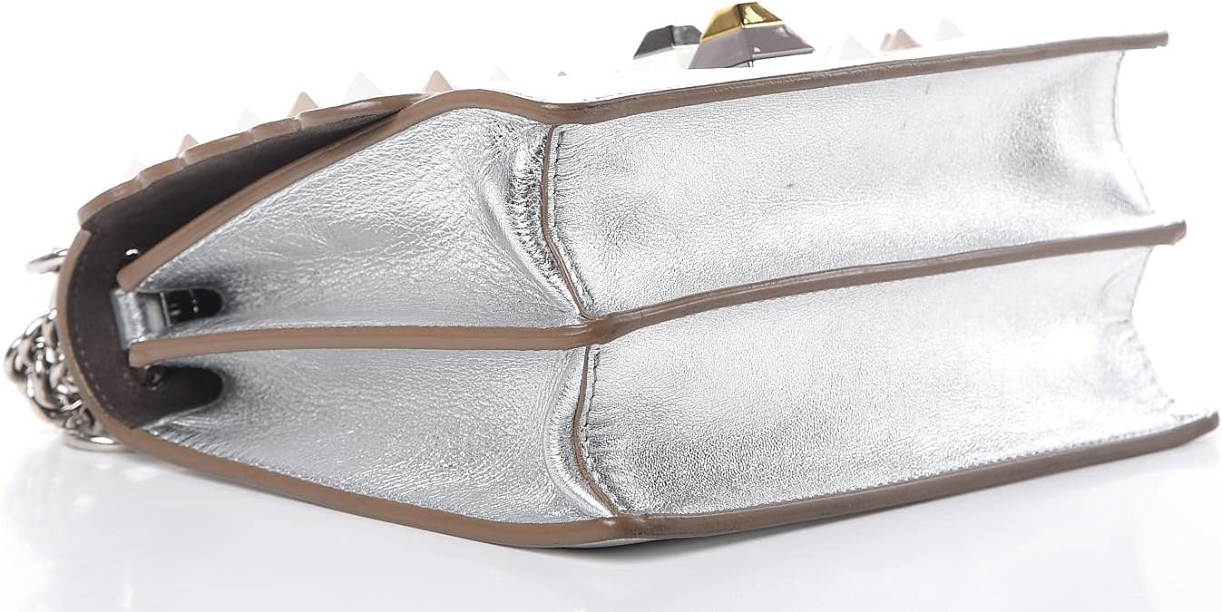 FENDI Kan I Metallic Silver Calfskin Leather Scalloped Studded Shoulder Bag Silver-Tone Hardware Push Clasp Closure Chain Strap Suede Interior 7.5" x 3.5" x 6" Made in Italy New