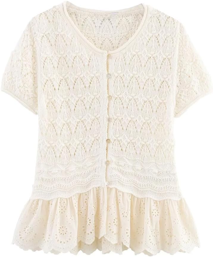 Women's Embroidered Patchwork Short-Sleeved Hollow Knit Top