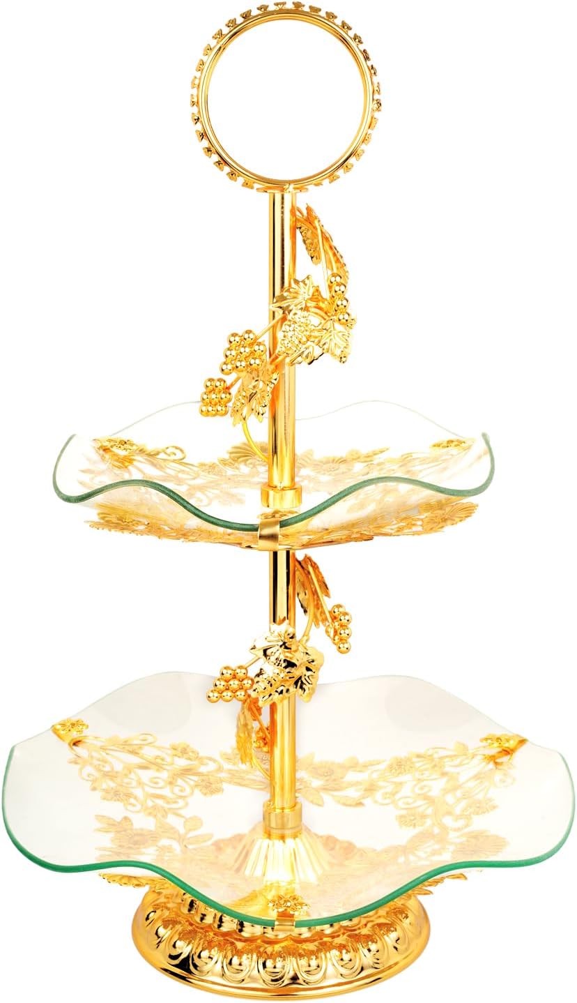 2 tier 18 Inches Wave Glass Metal Cake Display Stand, Gold Fondant Cake Cupcake Dessert Fruit Stand Pedestal, Bakeware Wedding Birthday Baking Party Supplies Centerpiece - Gold